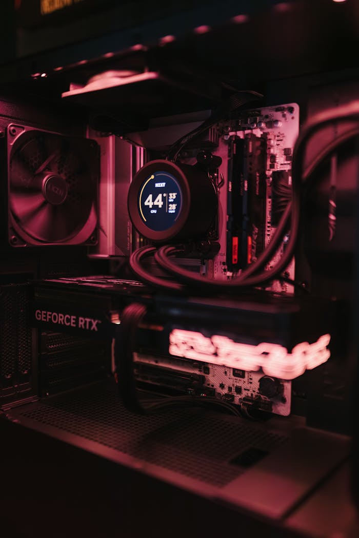 About Detailed view of a gaming PC build showcasing high-performance components and cooling system.