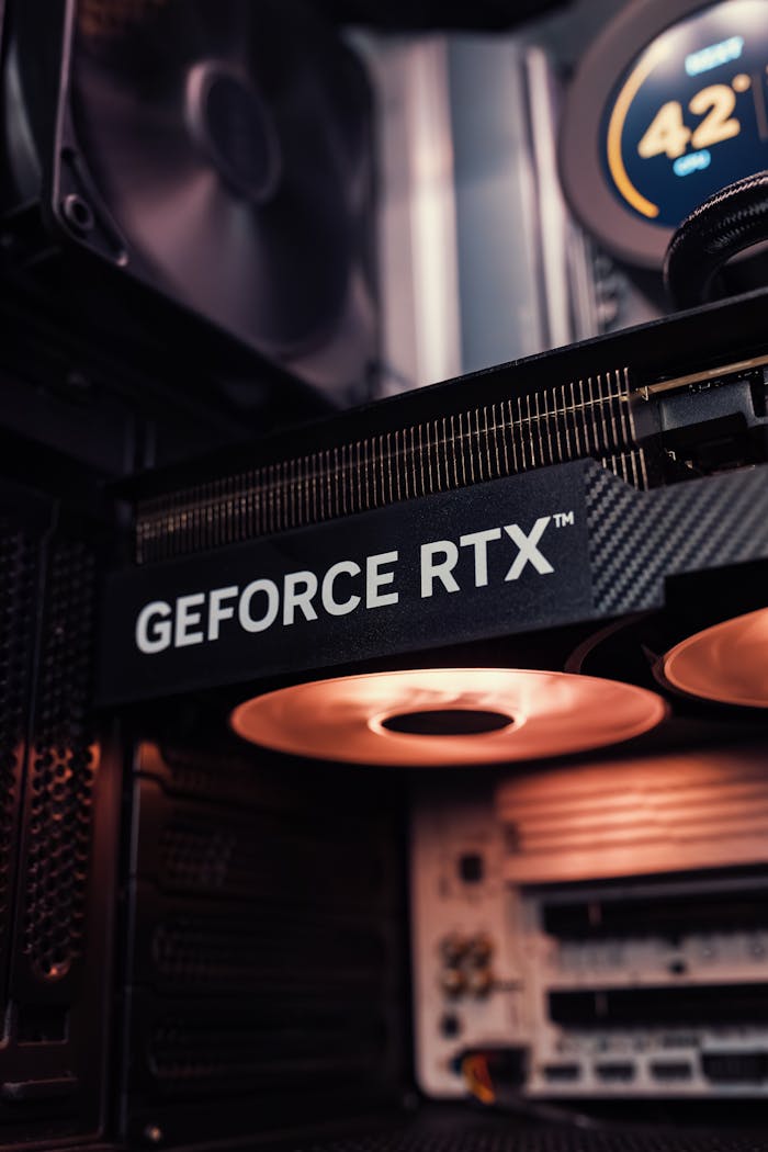 Mastering the First Impression: Your intriguing post title goes here Detailed view of GeForce RTX graphics card inside a computer, showcasing modern technology.